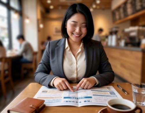 巨乳人妻（保険外交員）がカフェで営業している